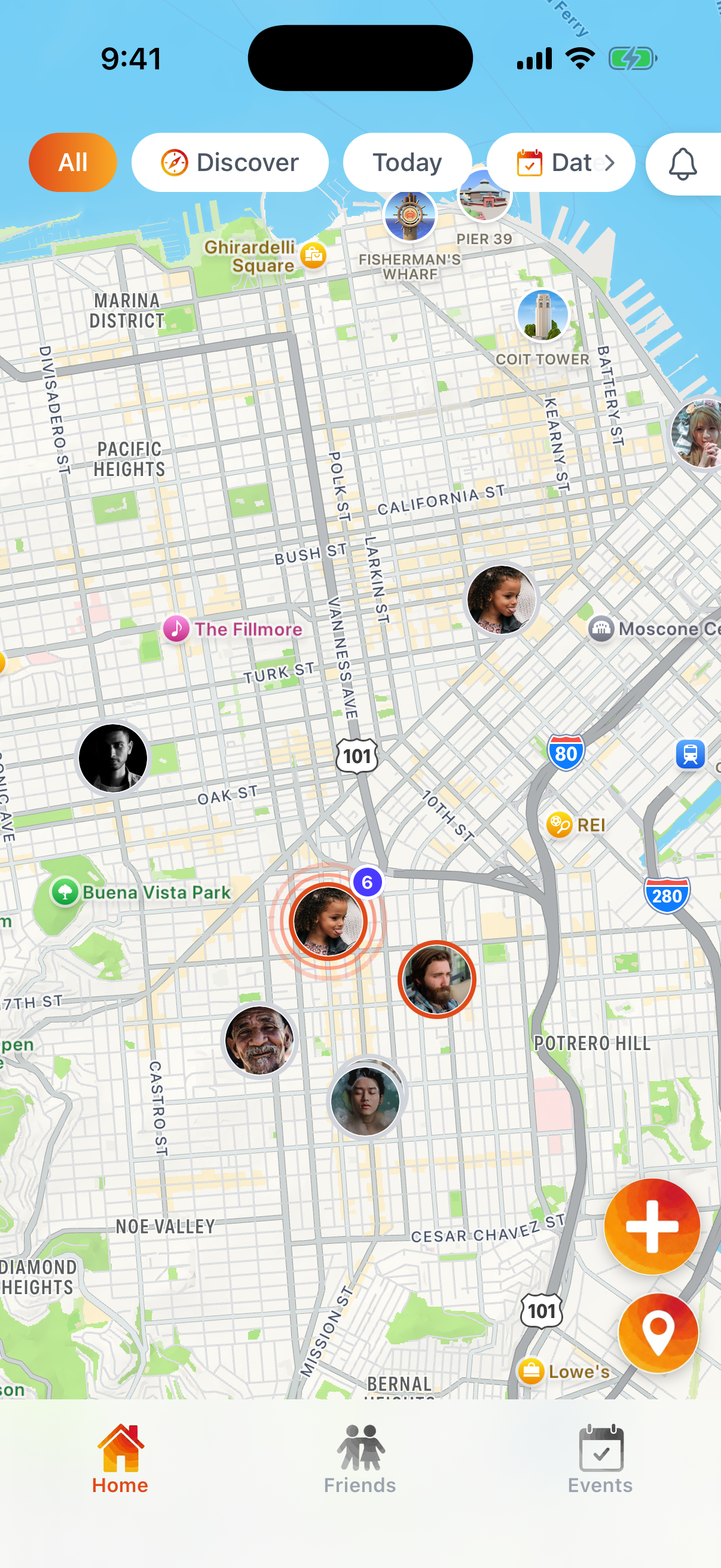 TAGZ home map with friends and event pins